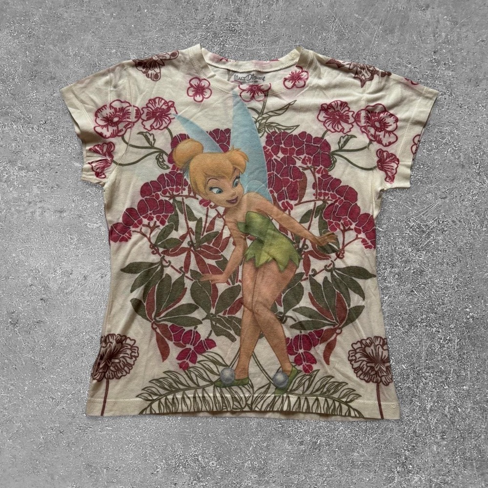Disney Tinkerbell Floral Graphic Tee Cream Kids L Fits Womens XS S